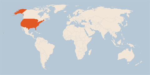 Vector map of the world in pastel colors with the country of United States of America highlighted highlighted in orange.