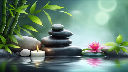 Spa stones, bamboo branches and flower in water on natural background. Copy space. Based on Generative AI - obrazy, fototapety, plakaty