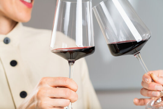 Toasting with red wine in a wine tasting event.