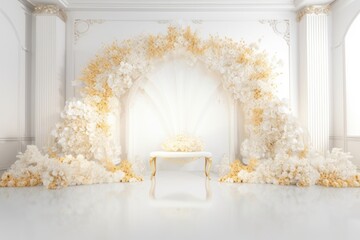 Wedding backdrop aesthetic flower decoration indoor studio pastel color background AI Generated