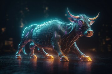 Obraz na płótnie Canvas 3d rendering of a metal bull with neon lights on a dark background, generative Ai