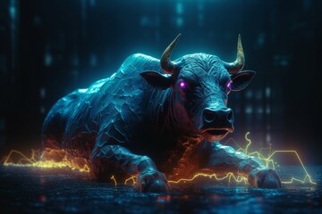 Fantasy image of a powerful bull in the dark. 3d rendering, generative Ai