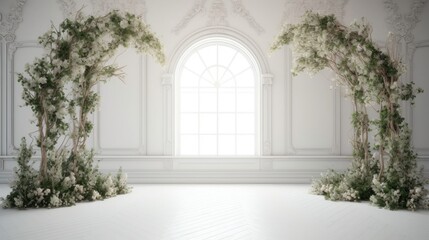 Wedding backdrop aesthetic flower wreath decoration indoor white background AI Generated