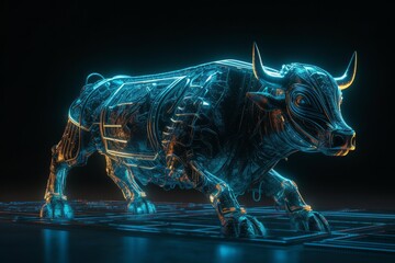 3d rendering of a metal bull on a black background with blue lights, generative Ai