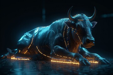 Buffalo with neon lights on a dark background. 3d rendering, generative Ai