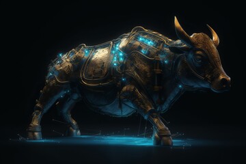3D rendering of a metal bull on a black background with neon lights, generative Ai
