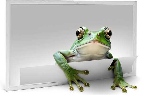 Green frog sitting on a white background