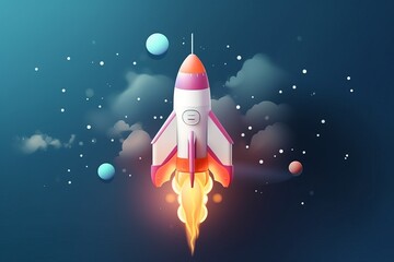 Rocket flying in space with planets in the background. 3D illustration, generative Ai
