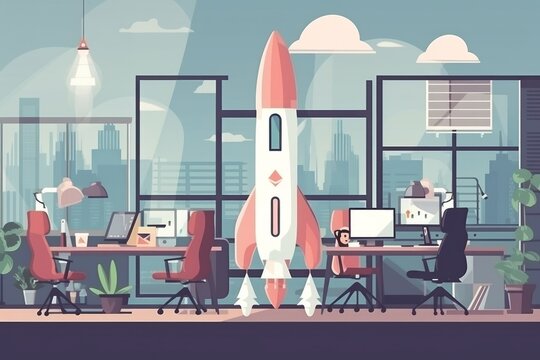 Startup business concept. Flat design modern Digital illustration. Rocket in office, generative Ai