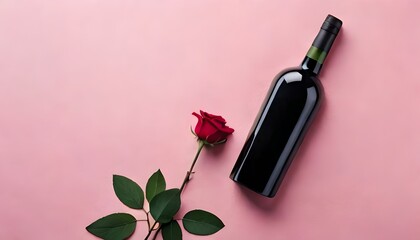 Obraz na płótnie Canvas Sensual Simplicity: Minimalistic Flat Lay of Black Wine Bottle, Red Roses, and Soft Pink Background with Room for Text