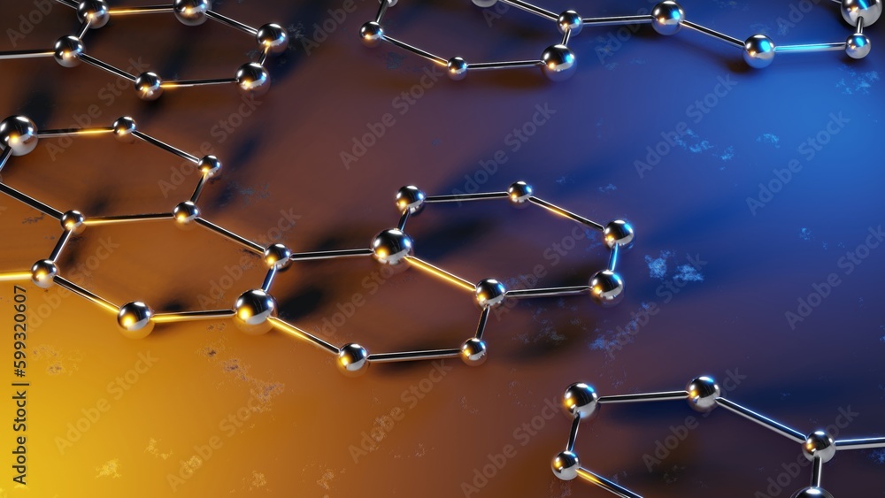 Poster abstract sci-fi background with plexus structure of neon glowing and metallic spheres. connection co