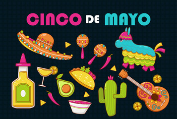 Cinco de Mayo, a federal holiday in Mexico. Fiesta poster and vector banner design elements with guitar, cactus, hat, pinata, tequila and taco