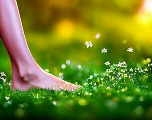 Woman feet on green grass with dew, AI generation