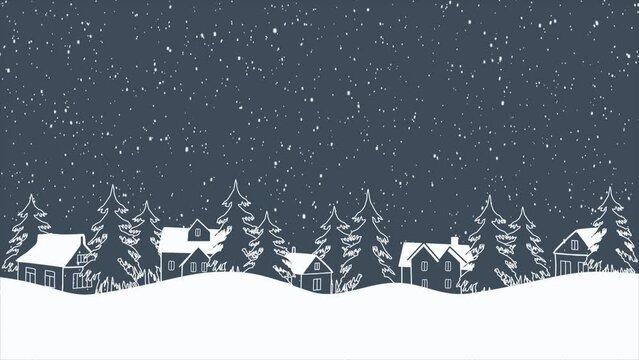 Christmas animation. Winter 
landscape. White silhouettes of houses and fir trees under snowfall on dark blue background