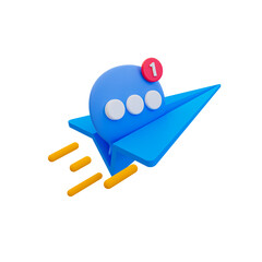 3d minimal online message sending. online chatting icon. quick and fast online communication. paper rocket with a chat icon. 3d illustration.