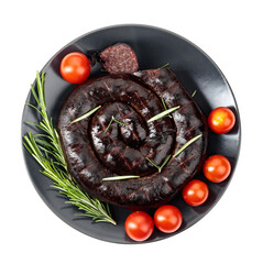 Black pudding or blood sausage with rosemary and tomatoes isolated on a white backround.