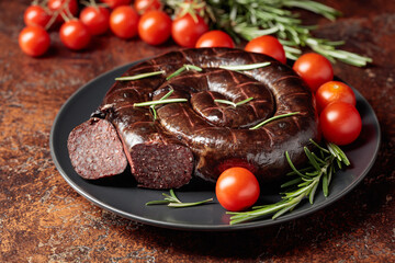 Black pudding or blood sausage with rosemary and tomatoes.