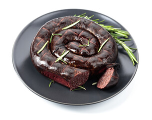 Black pudding or blood sausage with rosemary isolated on a white background.