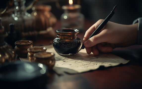 In the hands of an ink pen, which is used to write a letter, antiques. Generative AI