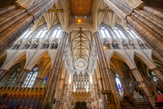 Nave of Westminster Abbey with Gothic style. The church is located next to Palace of Westminster in city of Westminster in London, England, UK. This church is UNESCO World Heritage Site since 1987. 