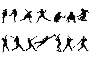 Set of Baseball Player silhouette isolated on white background. Vector illustration