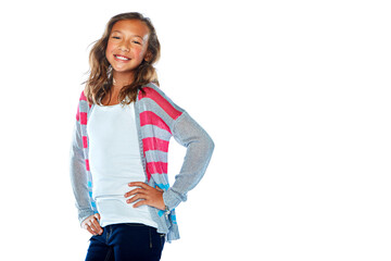 You cant go wrong with a positive attitude. Studio portrait of a young girl posing against a white...
