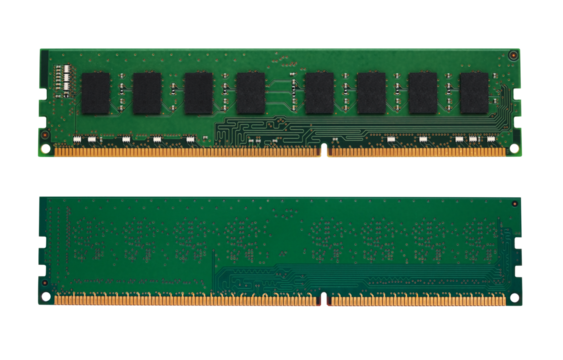 RAM for desktop computer motherboard front and back view on a transparent background