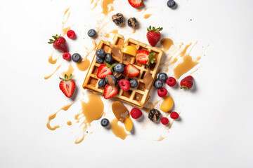 Obraz na płótnie Canvas waffles with ice cream, caramel sauce and fresh berries on white background. Top view. Flat lay. Ai generative