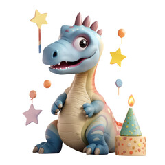 Fototapeta premium 3d icon cute Dino Funny Dinosaur with cap and balls happy Birthday party illustration in cartoon style on Isolated Transparent png background. Generative ai