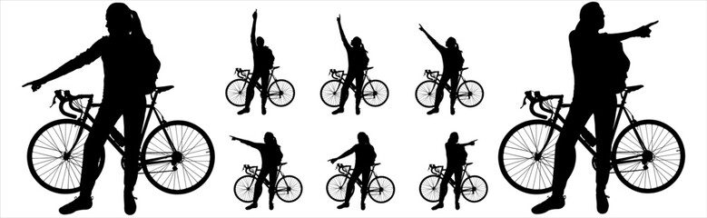 Big set of female cyclists silhouettes. A girl with a large tourist backpack behind her is standing near a bike. Point to the sides with your hand. Side view. Black color silhouette isolated on white