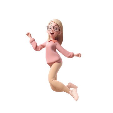 3d icon cute Young smiling Happy winning woman, people jumping character illustration. Cartoon lady girl minimal style on Isolated Transparent png background. Generative ai