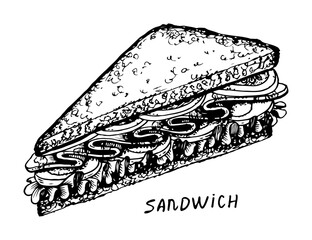 Sandwich sketch. Fast food. Snack, filled bread, ham, tomato, egg, green salad. hand drawn vector illustration.