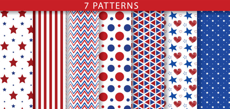 Scrapbook background. Seamless red-blue pattern. Baby girl textures with a dot, stripes, hearts, stars, zigzag. Print for scrap design. Color vector illustration
