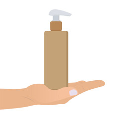 Female Hand Holds Cosmetic Pump Bottle, Isolated on White Background. Flat Vector Illustration