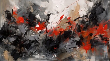 Abstract gouache painting with visible impasto and palette knife usage, several shades of gray and red, lively movement, generated with AI