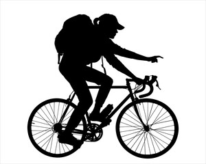 A girl is riding a bicycle. A woman on a bike with a large tourist backpack on her back and a cap. A tourist points forward with her hand. Bicycle tourism. Side view. Black color silhouette isolated.