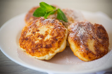 Sweet cooked cheesecakes in powdered sugar in a plate