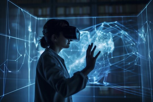 neon woman headset glasses technology future line business digital virtual concept. Generative AI.