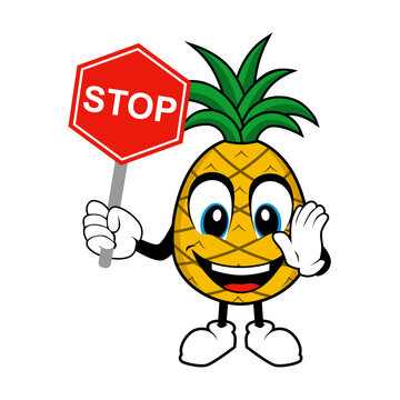 Pineapple Fruit Mascot Cartoon holding up a Stop sign