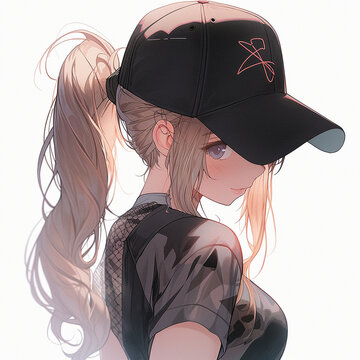 A girl in an anime-style baseball cap. High quality illustration Generative AI