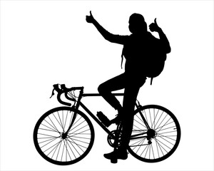 A joyful girl on a bike sits astride. Woman showing like gestures with both hands. A tourist on a bicycle with a large tourist backpack on his back. Side view. Black color silhouette isolated on white