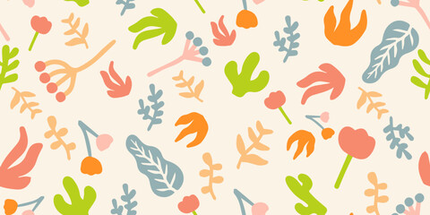 Colorful floral seamless pattern illustration. Kid style floral doodle background, funny basic natural shapes wallpaper. isolated images. eps 10.