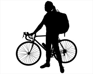 A girl with a large tourist backpack behind her is standing near a bicycle. A woman's hand holds on to the steering wheel of a bicycle. Side view. Black color silhouette isolated on white background