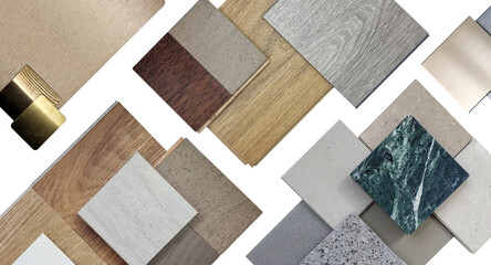 home interior material samples selection contains brushed stainless, metallic laminated, wooden vinyl flooring tiles, laminated tiles, marble stone, stone tiles placed on white background.