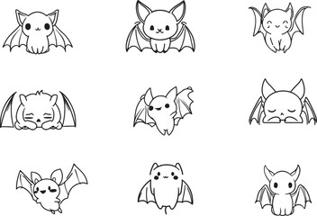 Set of cute bats line art vector 