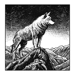 wolf in the mountains at night monochrome vector illustration © Satoru Sketches