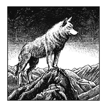 wolf in the mountains at night monochrome vector illustration