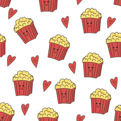 Seamless pattern with popcorn bags with anthropomorphic face and cute hearts on white background. Kawaii food