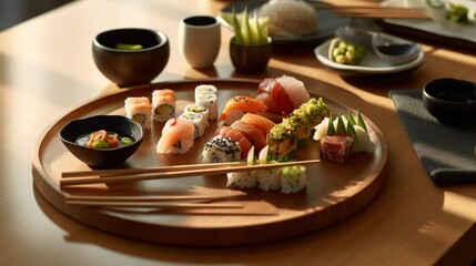 Fototapeta na wymiar Sushi Platter On Minimalist Table Setup