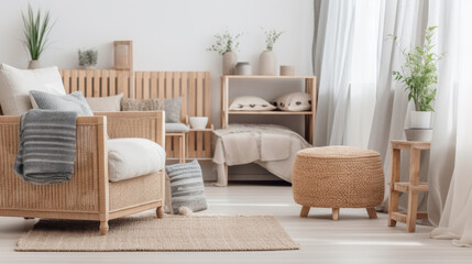 Illustracion de una sala de estar con muebles de madera, sofá, mesa, plantas y gran ventanal con cortinas